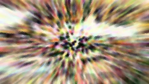 Abstrakte, bunte Komposition mit radial nach außen laufenden Streifen und dunklen Punkten im Zentrum, mosaikartig pixelig.