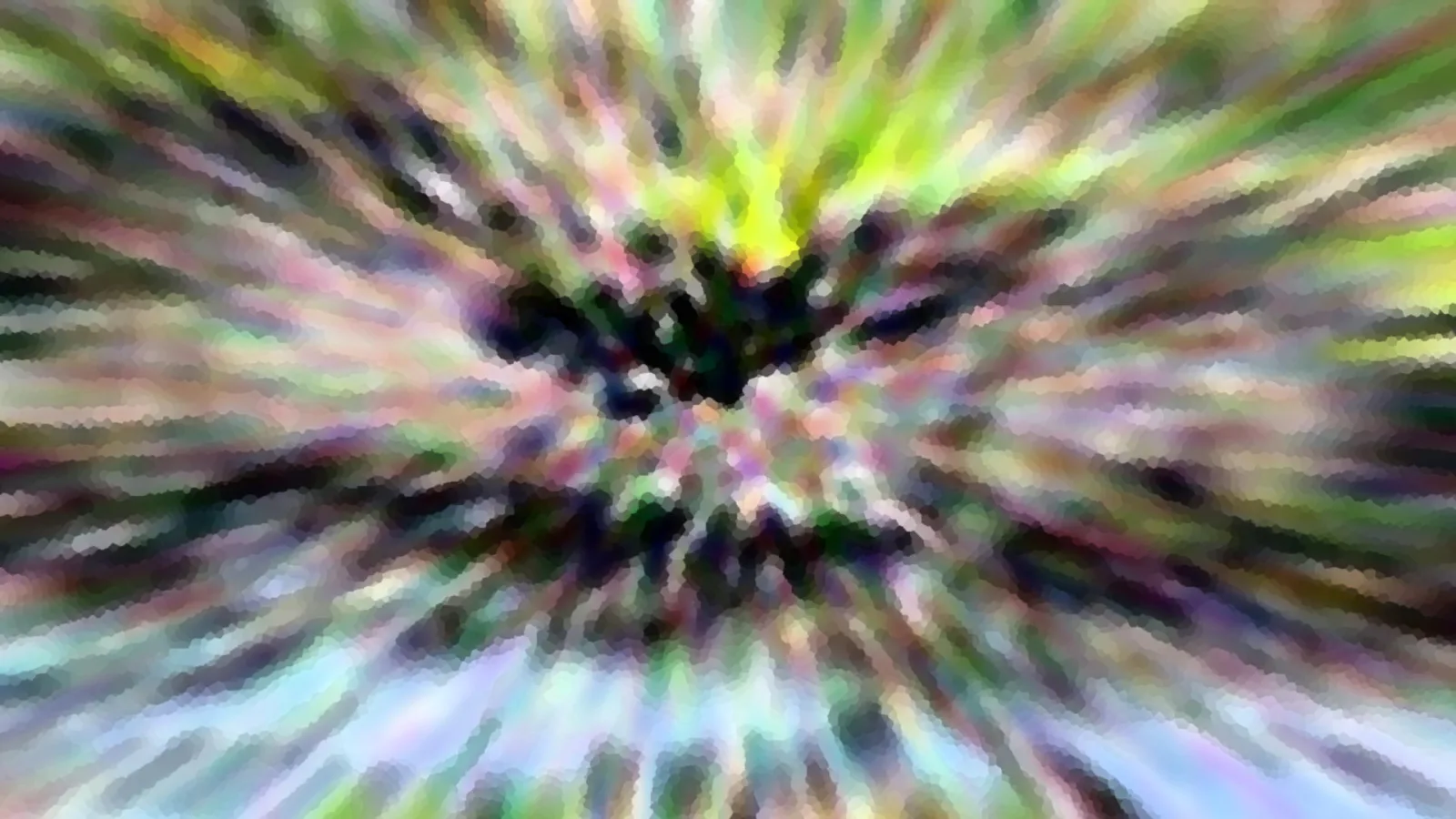 Abstrakte Komposition aus bunten Farbstreifen, die von einem dunklen Zentrum radial nach außen laufen, in Grün, Gelb, Rosa und Blau.