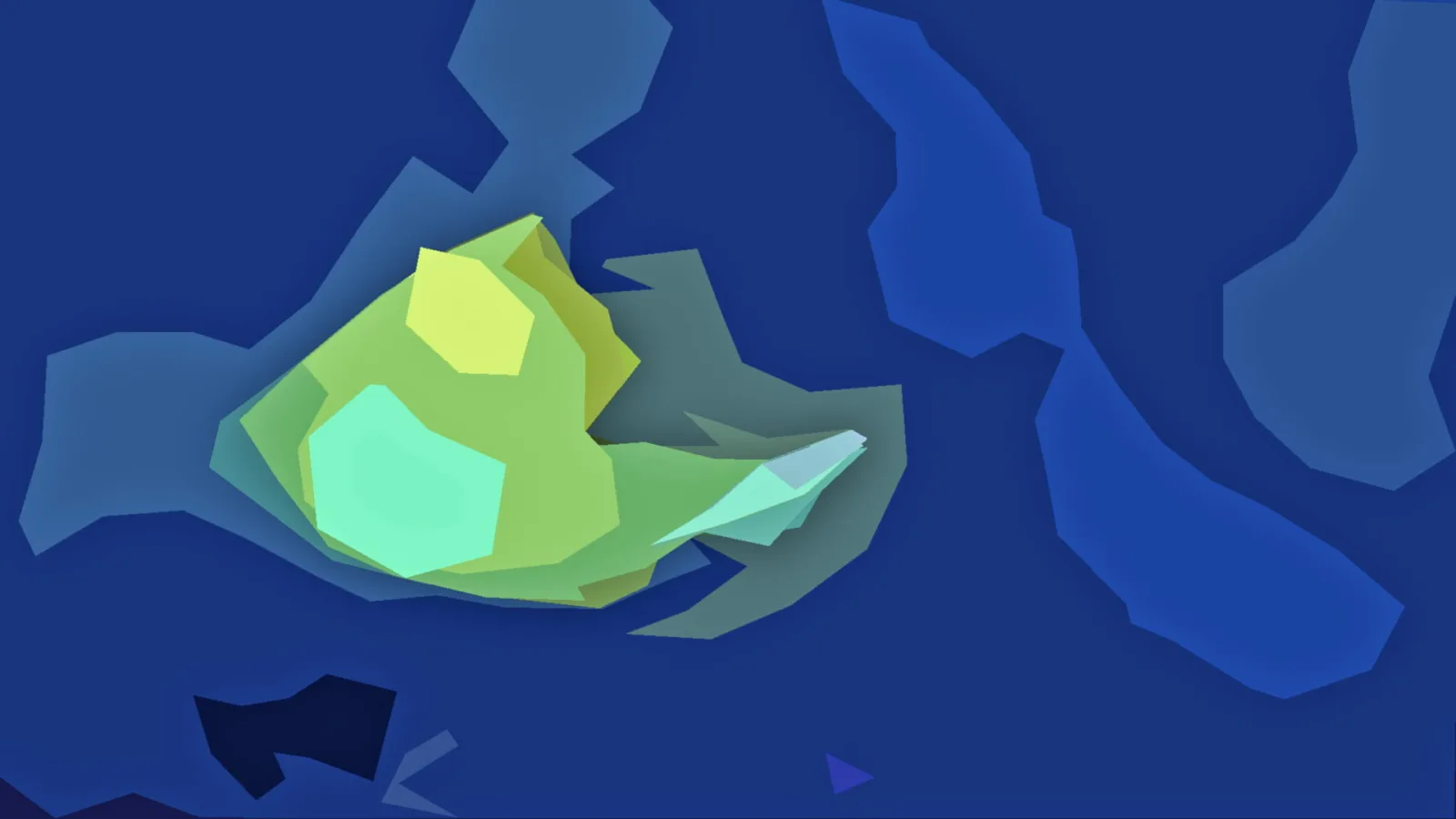 Abstrakte Komposition aus blauen, grünen und gelben Polygonen auf dunkelblauem Grund.