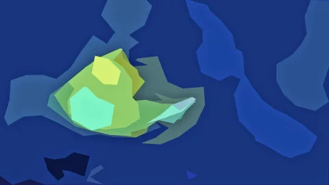 Abstrakte Komposition aus blauen, grünen und gelben Polygonen auf dunkelblauem Grund.