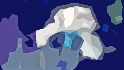 Abstrakte Komposition aus flachen, kantigen Formen in Weiß, Grau und Blau auf dunkelblauem Grund, links eine violette Fläche.