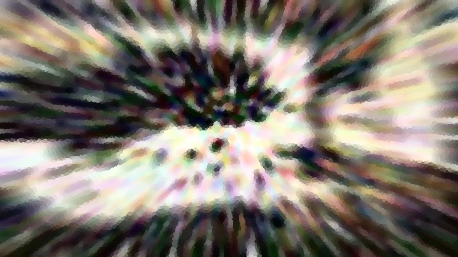 Abstrakte Komposition aus pastellfarbenen Streifen, die von einem dunklen Zentrum radial nach außen strahlen, mit grobem Mosaikraster und vereinzelten dunklen Punkten.