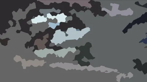 Abstrakte Komposition aus unregelmäßigen grauen, schwarzen, hellblauen und gedämpft rosafarbenen Flächen auf grauem Grund.