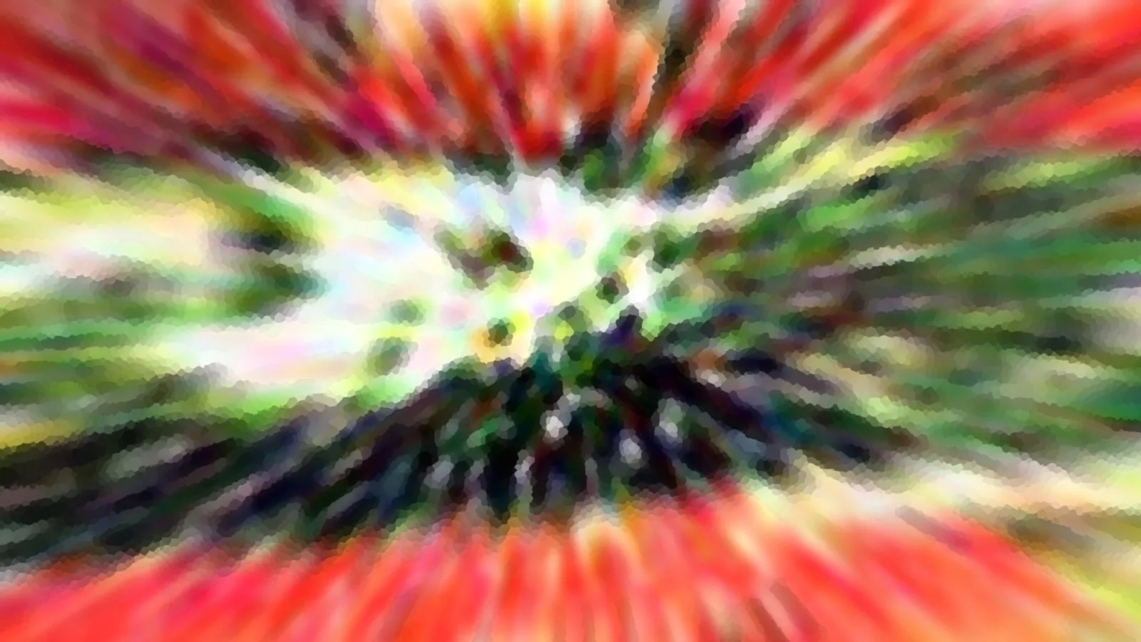 Abstrakte Komposition aus radial von einem Zentrum ausgehenden, verschwommenen Streifen in Rot, Grün, Gelb und Weiß, mit pixeligem Mosaikmuster.