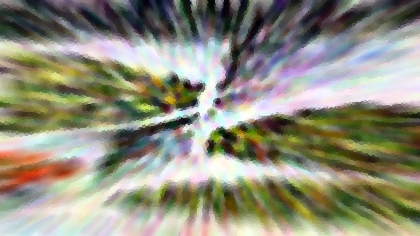 Abstrakte Komposition aus radial verwischten grünen, violetten und weißen Farbstreifen, links ein roter Fleck, in der Mitte eine dunkle baumartige Silhouette.