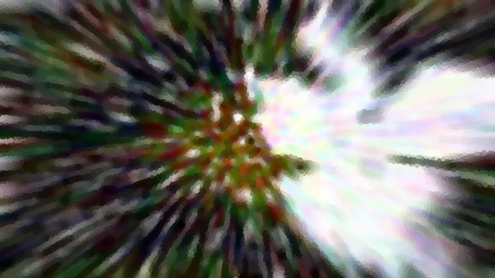 Abstraktes Bild mit verwischten, radial von einem Zentrum ausstrahlenden Streifen in Grün, Weiß und Braun.