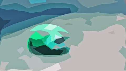 Abstrakte Komposition aus flachen türkisen, graugrünen und blauen Polygonen, im Zentrum ein grün leuchtendes, zerklüftetes Gebilde.