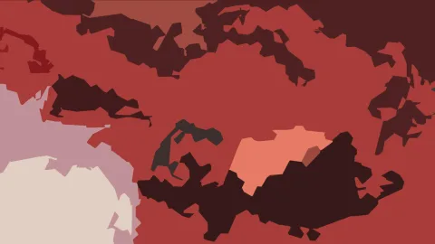 Abstrakte Komposition aus unregelmäßigen roten, dunkelroten und braunen Flächen, links unten cremefarben und rosa, dazwischen ein lachsfarbenes Feld.