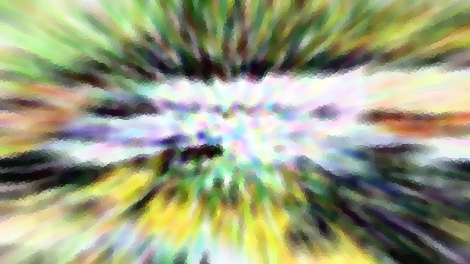 Abstrakte Komposition aus radial angeordneten grünen, gelben, violetten und weißen Farbstrahlen mit pixeligem Mosaikmuster.