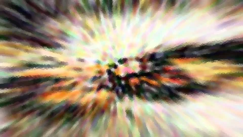 Abstraktes Bild mit farbigen Streifen, die von einem dunklen Zentrum in alle Richtungen ausstrahlen, überzogen von einer Mosaikstruktur.