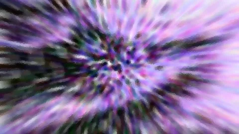 Abstrakte Komposition aus violetten, rosa und dunkelgrünen Streifen, die von einem hellen Zentrum in der Bildmitte radial nach außen laufen.