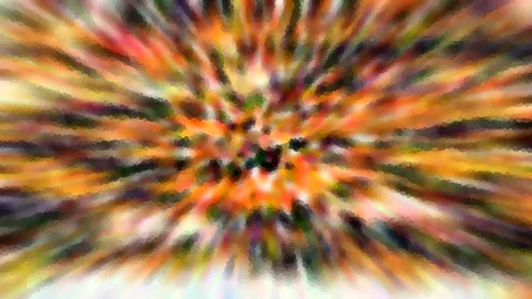 Abstrakte Komposition aus orangen, gelben und grünen Farbstreifen, die vom Zentrum radial nach außen laufen und unscharf verwischen.