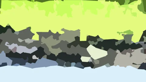 Abstrakte Komposition aus unregelmäßigen, flachen Farbflächen in Limettengrün, Grau, Schwarz und Hellblau, oben grün, unten hellblau.