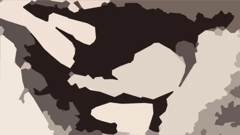 Abstrakte Komposition aus dunkelbraunen und cremefarbenen Flächen mit scharfen, unregelmäßigen Kanten.