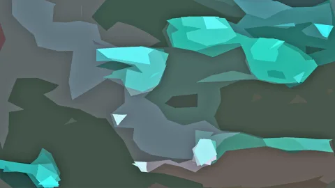 Abstrakte Komposition aus kantigen, überlappenden Flächen in Türkis, Mintgrün, Graugrün und Grau, dazwischen einzelne braune und helle Akzente.