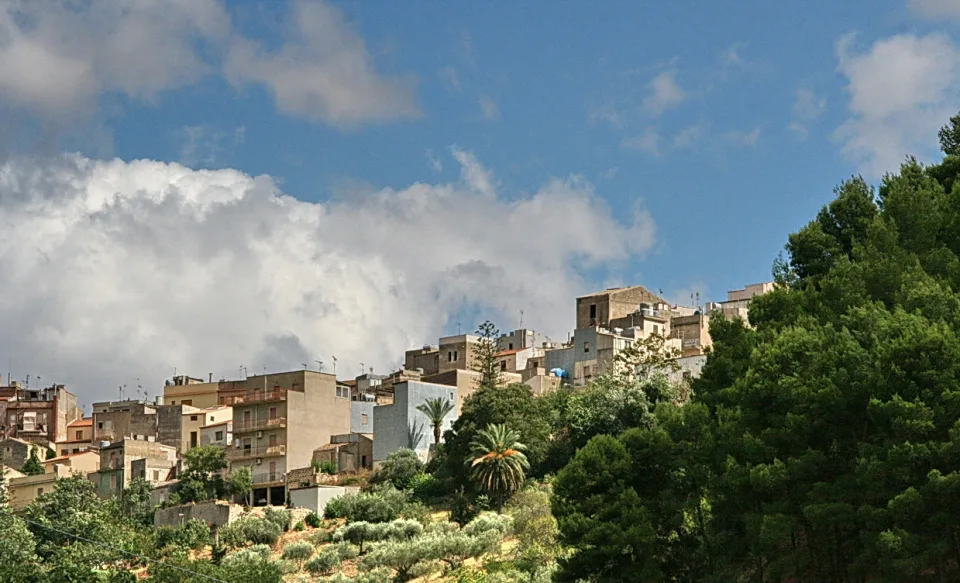 Ein dicht bebautes Dorf auf einem bewaldeten Hügel, davor Olivenbäume und Palmen, darüber ein blauer Himmel mit weißen Wolken.