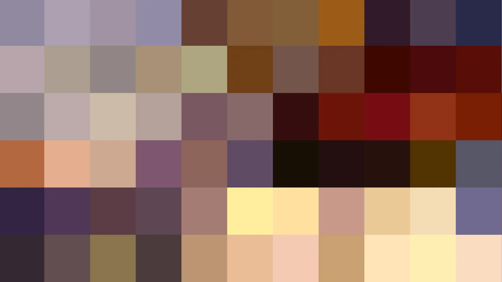 Pixeliges Mosaik aus rechteckigen Farbfeldern in Violett, Braun, Rot, Orange, Gelb und Beige, ohne erkennbare Personen.