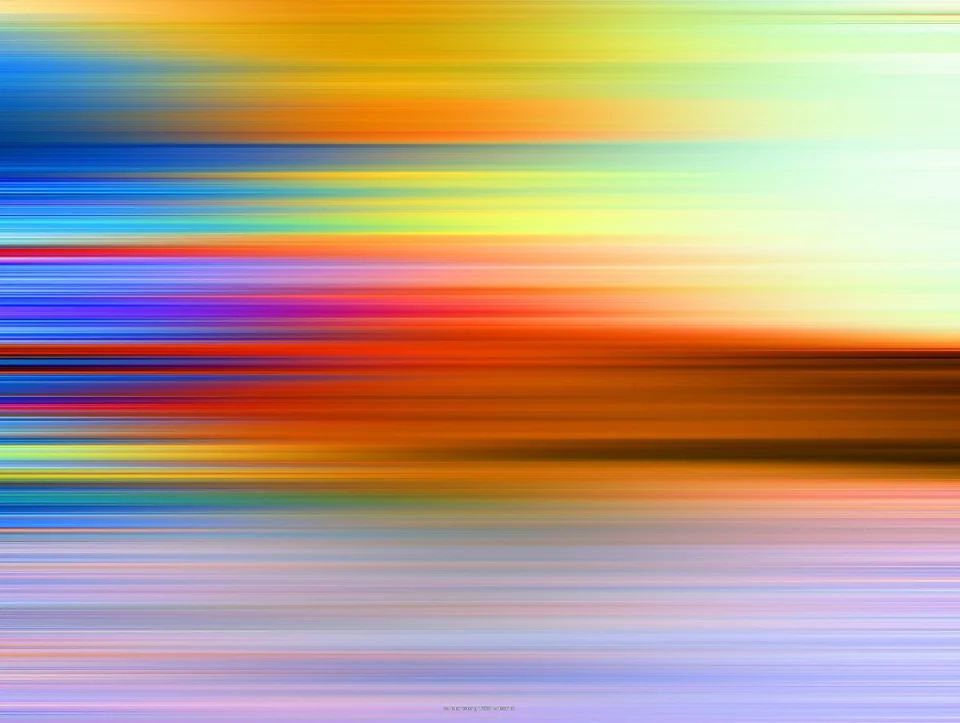 Abstrakte Komposition aus horizontalen, weich verwischten Farbstreifen in Gelb, Orange, Blau, Rot und Violett, die von oben nach unten ineinander übergehen.