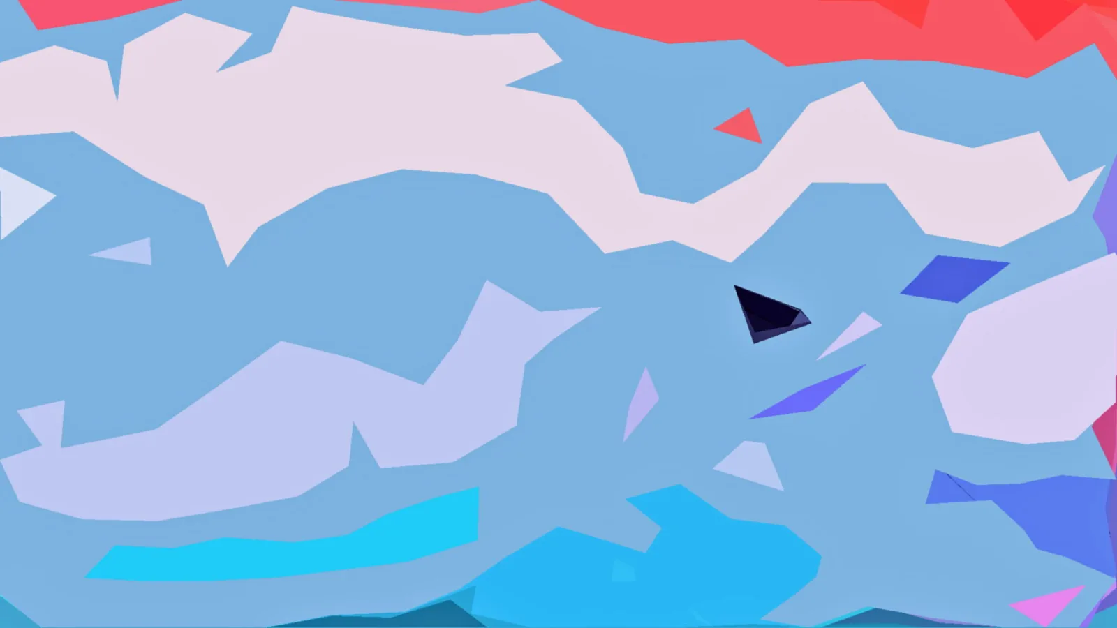 Abstrakte Komposition aus hellblauen Flächen mit rosa, weißen und roten Polygonen, rechts oben ein Stück Lila und in der Mitte ein kleines dunkles Dreieck.