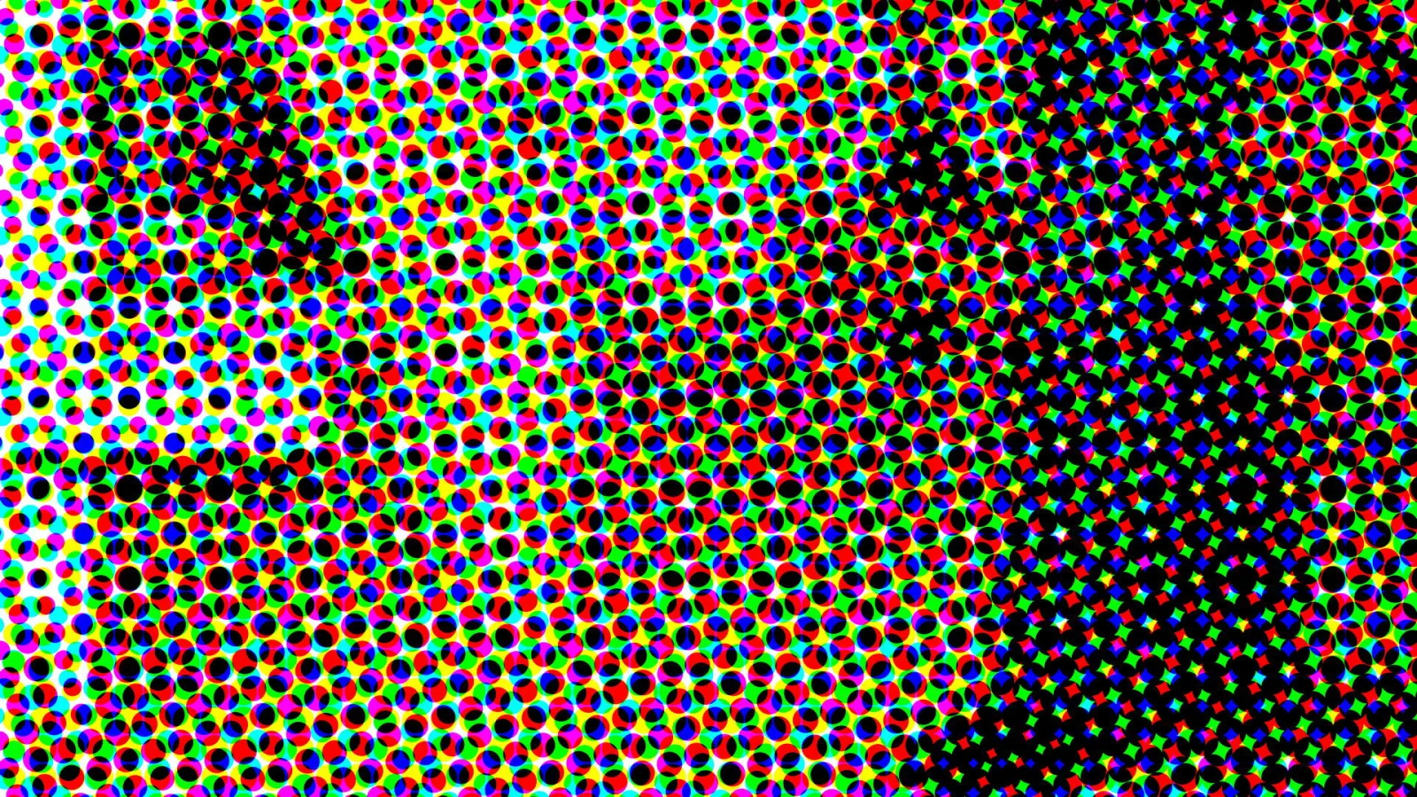 Dichtes Raster aus bunten Punkten in Rot, Grün, Blau, Gelb, Magenta und Schwarz, links heller, rechts fast schwarz.