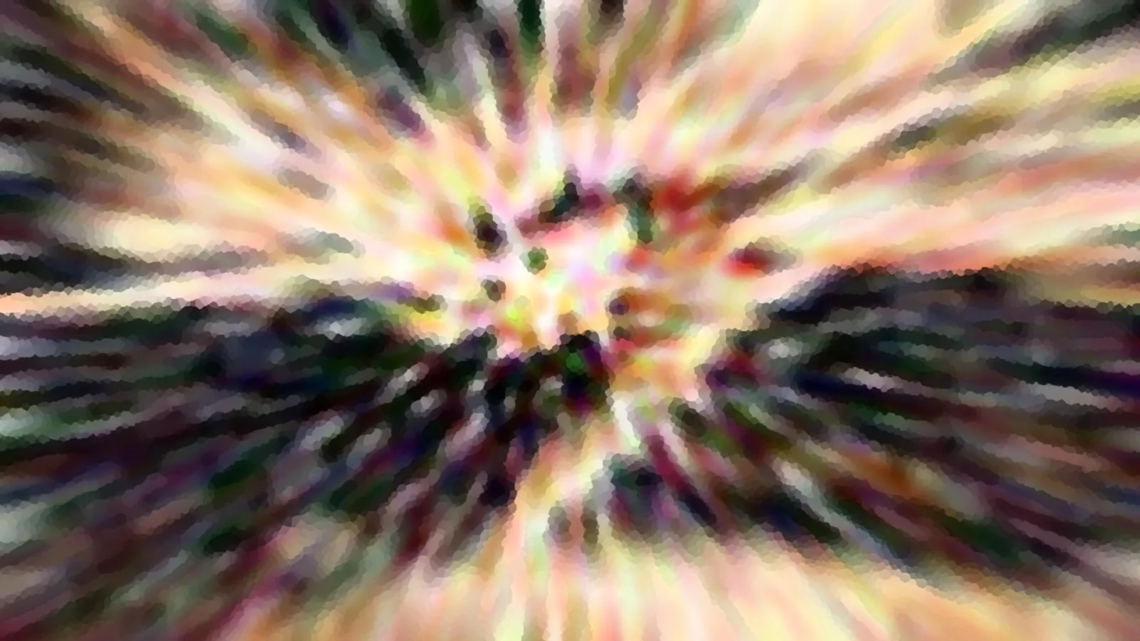 Abstrakte Komposition mit radial von der Mitte nach außen laufenden, bunten Streifen in Gelb, Rot, Grün und Violett, die von einer verwaschenen, pixeligen Textur überlagert werden.