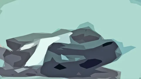 Abstrakte Komposition aus grauen und dunkelblauen Polygonflächen auf mintgrünem Hintergrund, im Zentrum ein helles, schräg verlaufendes weißes Band.