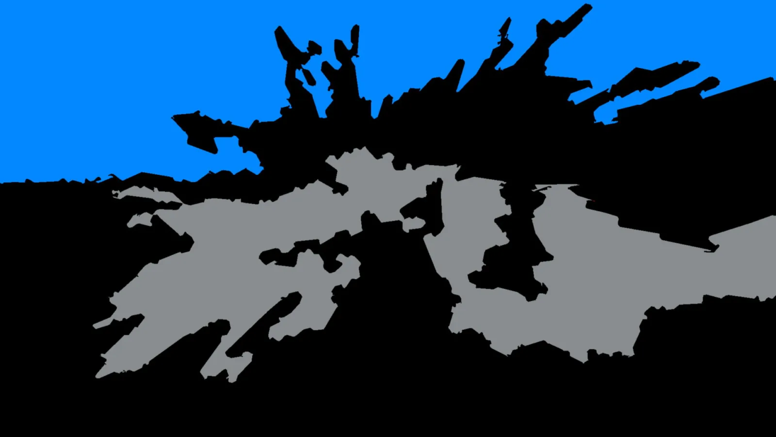 Abstrakte Komposition aus schwarzen und grauen Formen vor blauem Hintergrund, die an zackige Felsen oder Landschaftsumrisse erinnern.
