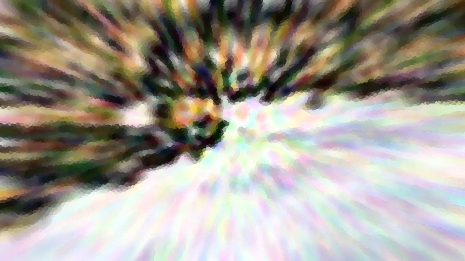 Abstrakte Komposition aus radial auseinanderlaufenden, pastellfarbenen und dunkelgrünen Streifen mit körniger, mosaikartiger Struktur.