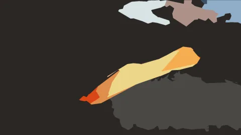 Abstrakte Komposition mit einer langgezogenen orangegelben Form auf dunklem Grund, darunter eine graue Fläche und oben helle blaugraue und rosa Flächen.