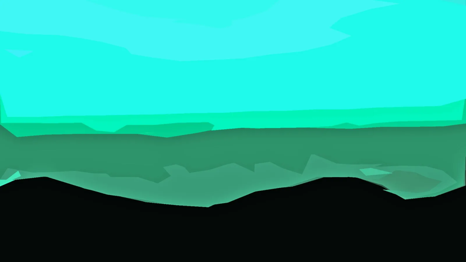 Abstrakte Landschaft in Türkis und Grün mit flachen, übereinanderliegenden Farbflächen und einem schwarzen Bergrücken am unteren Bildrand.