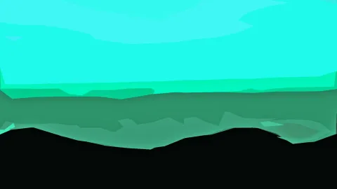 Abstrakte Landschaft in Türkis und Grün mit flachen, übereinanderliegenden Farbflächen und einem schwarzen Bergrücken am unteren Bildrand.