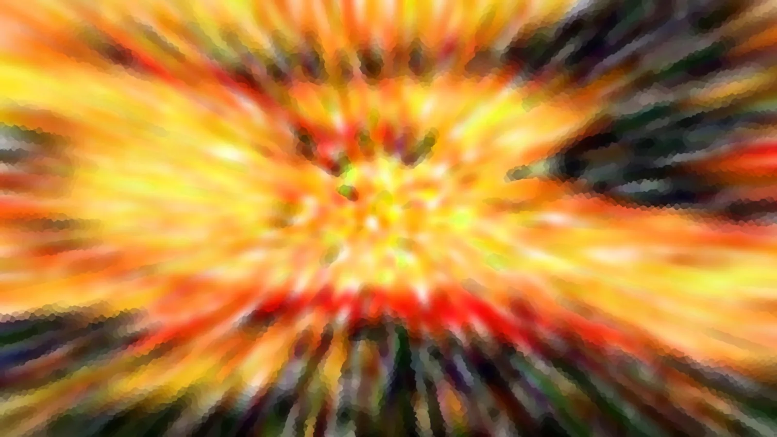 Abstraktes Bild mit radialen Schlieren in Gelb, Orange und Rot, die von einem hellen Zentrum nach außen laufen, an den Rändern dunkel durchsetzt mit Grün und Schwarz.