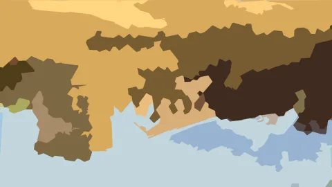 Abstraktes Muster aus unregelmäßigen ockerfarbenen, braunen und hellblauen Flächen.