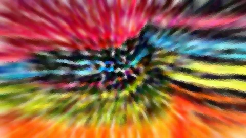 Abstrakte Komposition aus bunten Streifen in Rot, Blau, Gelb und Orange, die radial von einem dunklen, körnig strukturierten Zentrum ausgehen.