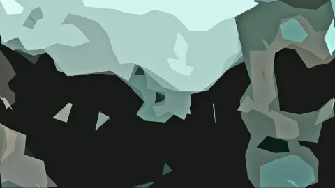 Abstrakte Komposition aus hellgrauen, türkisen und dunkelgrünen kantigen Flächen auf schwarzem Grund.