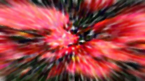 Abstraktes Bild mit radialem Zoomeffekt: rote und pinke Schlieren laufen von einem hellen Zentrum nach außen, dazwischen dunkelgrüne und schwarze Streifen.