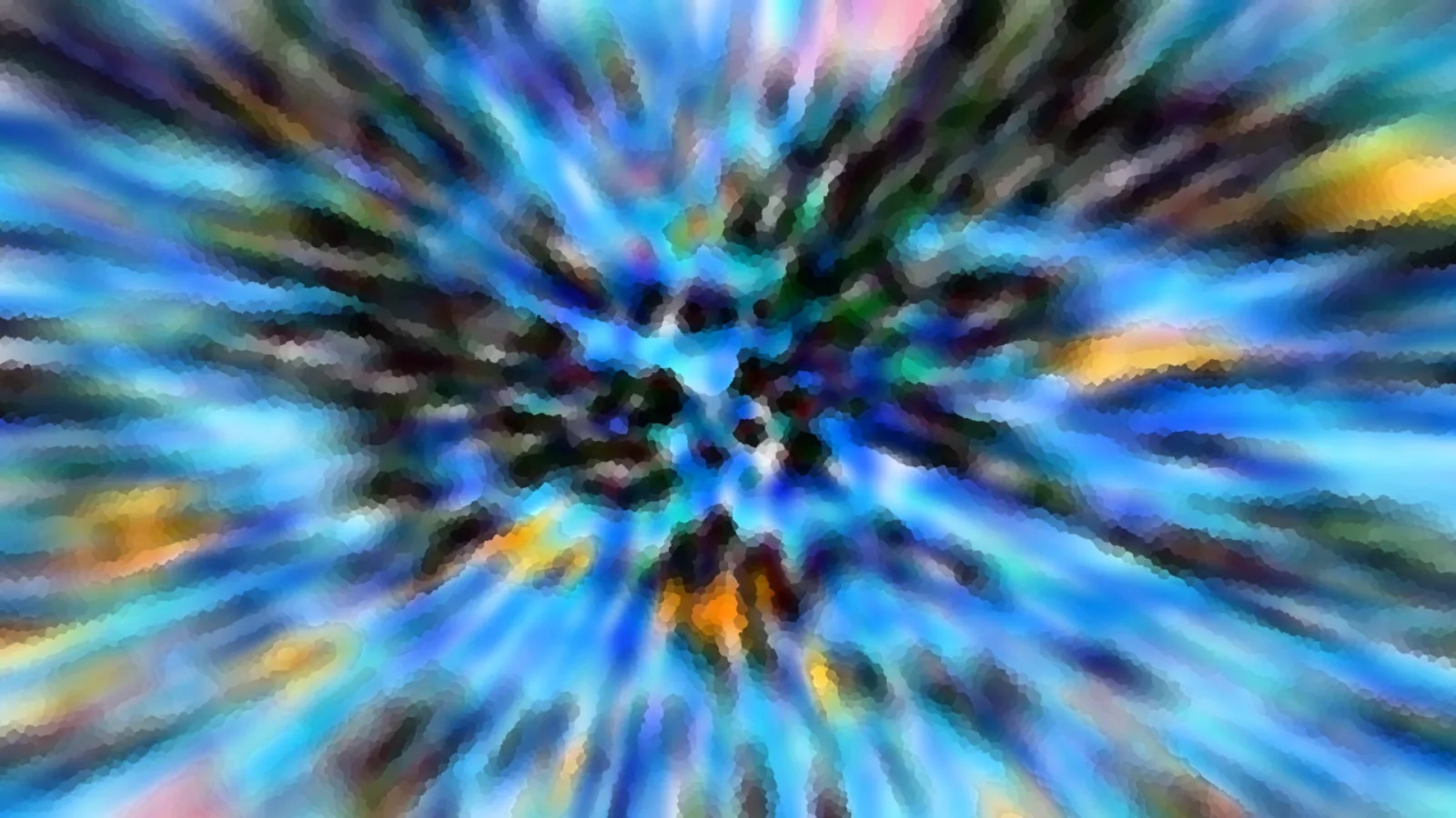 Abstrakte Komposition aus blauen, türkisen und schwarzen Streifen, die von einem dunklen Zentrum radial nach außen laufen, mit einzelnen orangefarbenen und gelben Flecken.