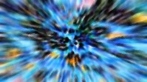 Abstrakte Komposition aus blauen, türkisen und schwarzen Streifen, die von einem dunklen Zentrum radial nach außen laufen, mit einzelnen orangefarbenen und gelben Flecken.