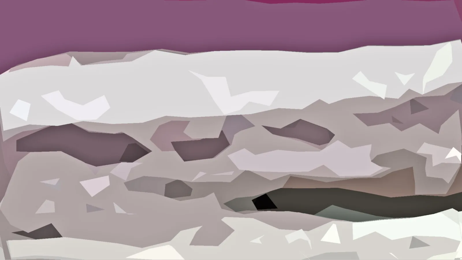Abstraktes Bild aus grauen, weißen und dunkelbraunen Polygonflächen, oben ein violetter Streifen.