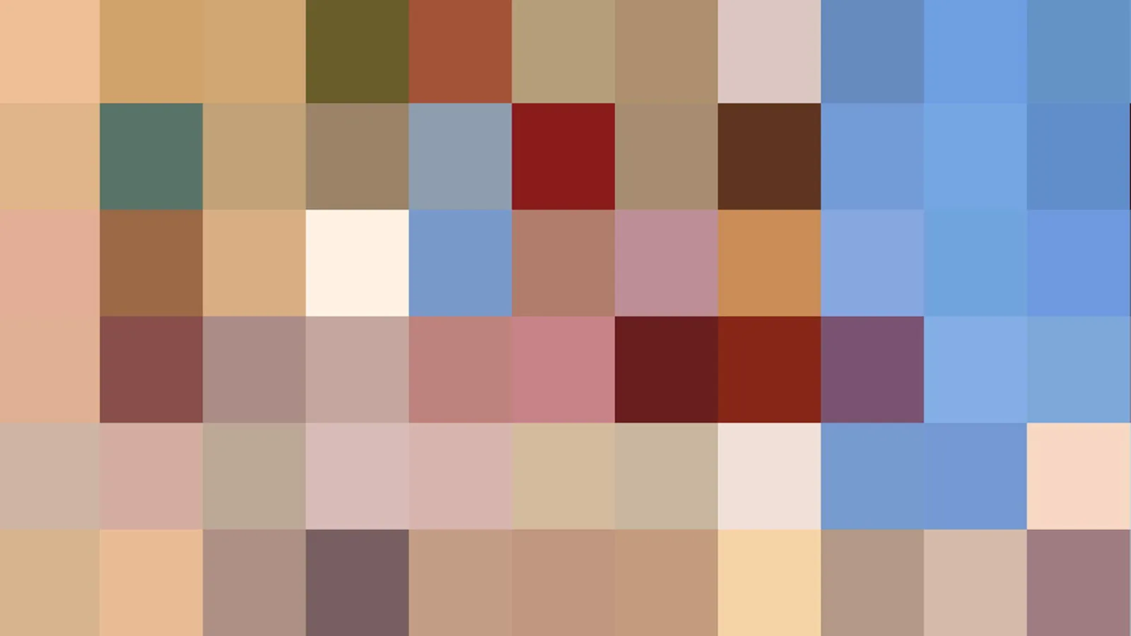 Quadratisches Pixelmosaik aus Hauttönen, Beige, Rot und Blau in einem Raster von sechs Zeilen und zehn Spalten.