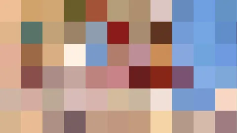 Quadratisches Pixelmosaik aus Hauttönen, Beige, Rot und Blau in einem Raster von sechs Zeilen und zehn Spalten.