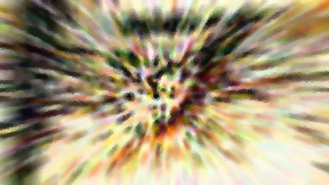 Abstrakte Komposition aus radial von einem dunklen Zentrum nach außen strahlenden Streifen in Grün, Gelb, Orange, Rosa und Weiß, stark verwischt und pixelig.