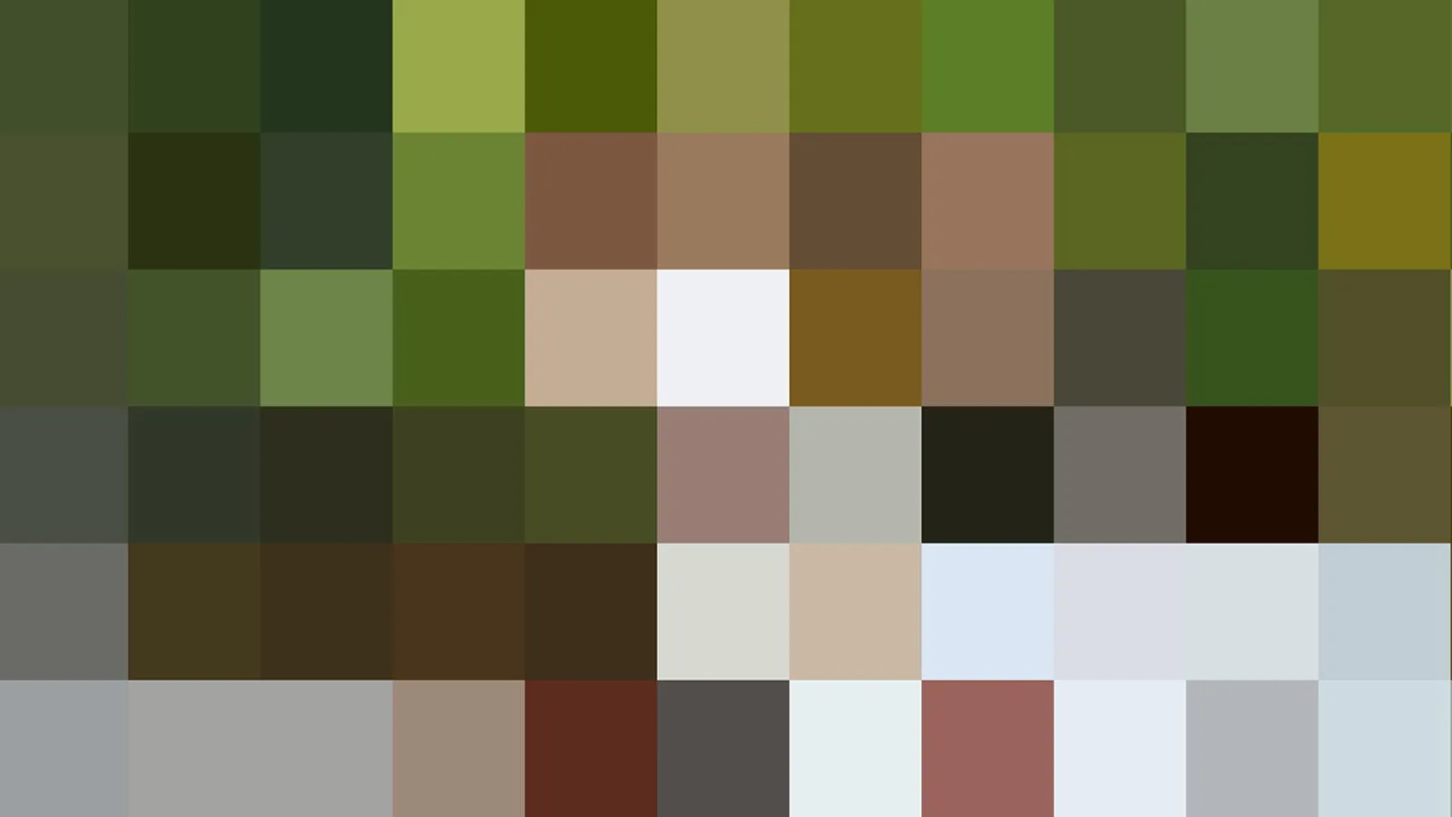 Mosaik aus grob gepixelten Farbfeldern in Grün, Braun, Grau und Weiß, einzelne helle Blöcke in der Mitte und unten rechts.