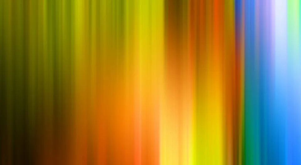 Abstrakte Komposition aus vertikalen, verwischten Streifen in Gelb, Orange, Grün und Blau, die von links nach rechts ineinander übergehen.