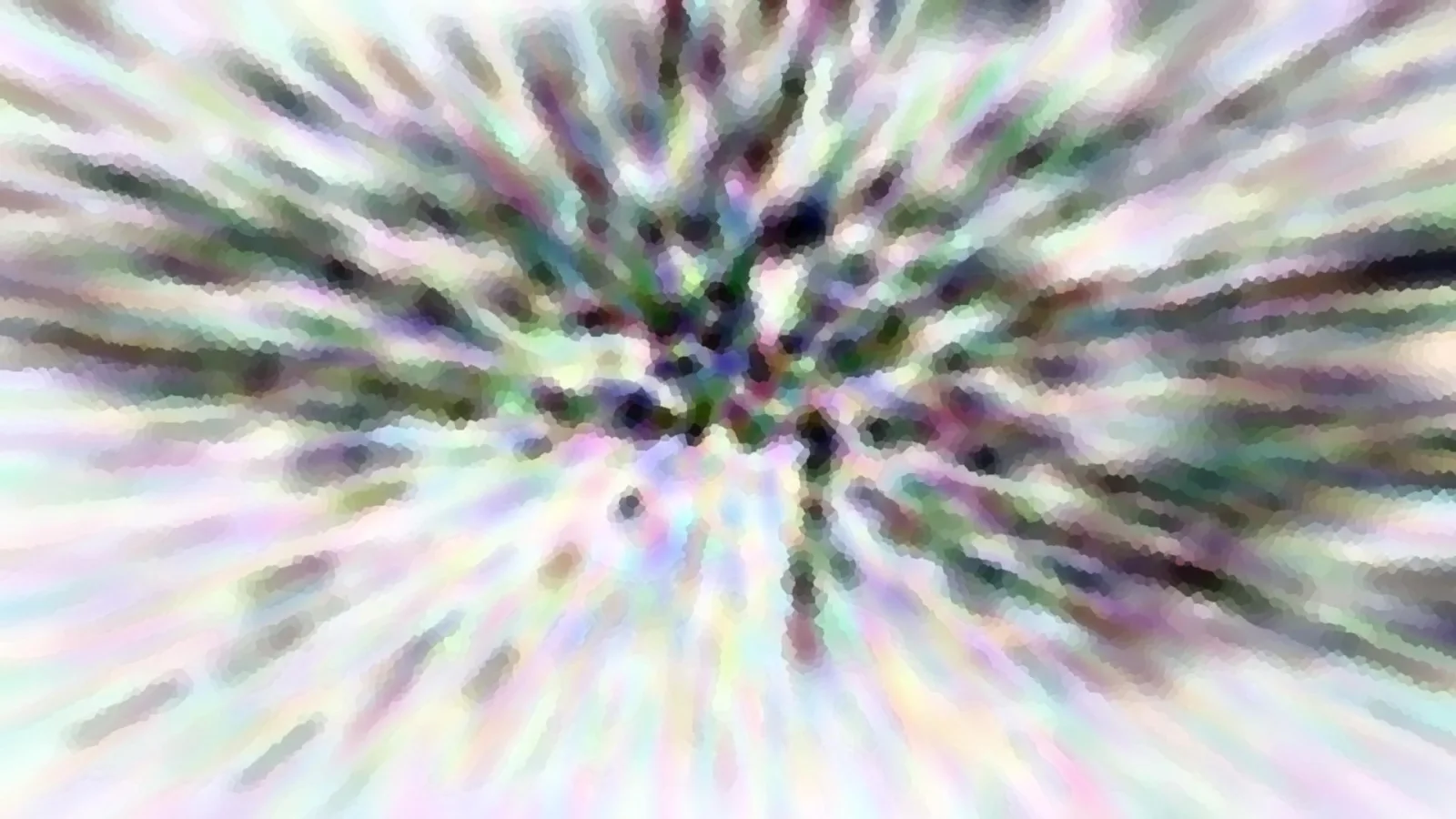 Abstrakte Komposition aus radial von einem dunklen Zentrum ausstrahlenden, verschwommenen Streifen in Pastellfarben wie Rosa, Grün, Violett und Weiß.