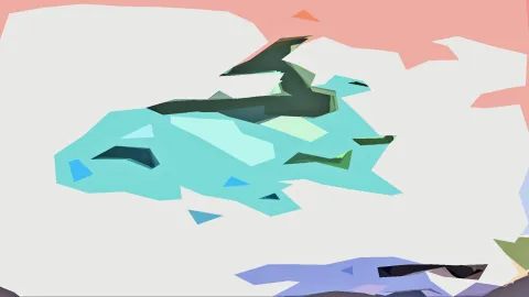 Abstrakte Komposition aus türkisen, dunkelgrünen und korallroten Flächen auf hellgrauem Grund, die Formen sind kantig und flach schattiert.
