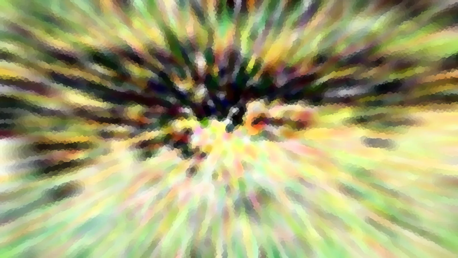 Abstrakte Komposition aus radialen Farbschlieren in Grün, Gelb und Dunkelviolett mit mosaikartiger Pixelstruktur.