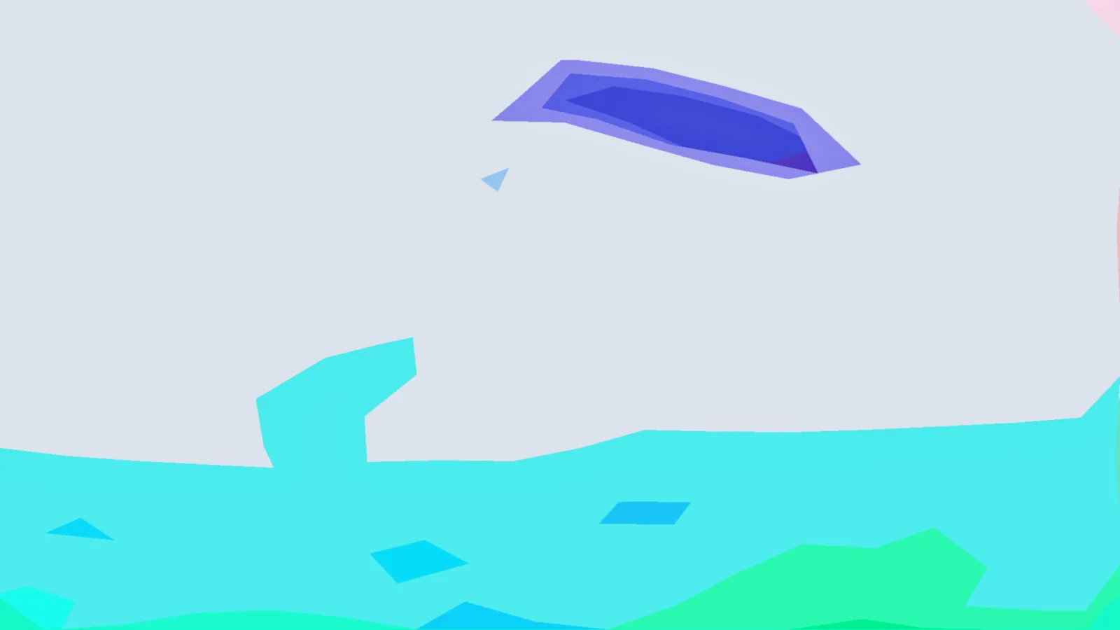 Abstrakte Komposition aus flachen Formen: ein blauviolettes Oval oben, türkisfarbene Flächen unten und grüne Akzente am unteren Rand auf hellgrauem Grund.