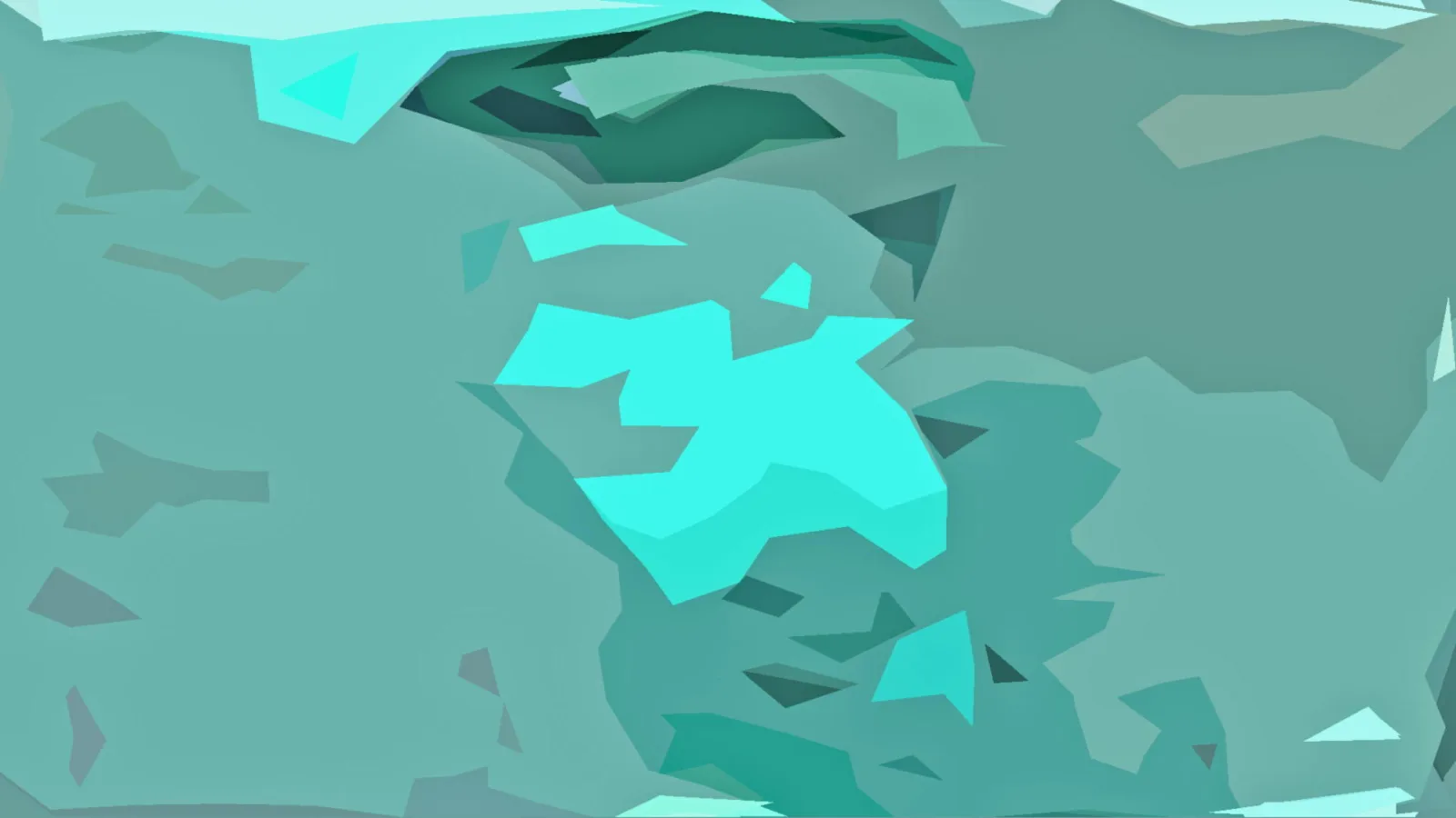 Abstrakte Komposition aus flachen, türkisfarbenen Polygonen, in der Mitte leuchten hellere Cyan-Flächen.
