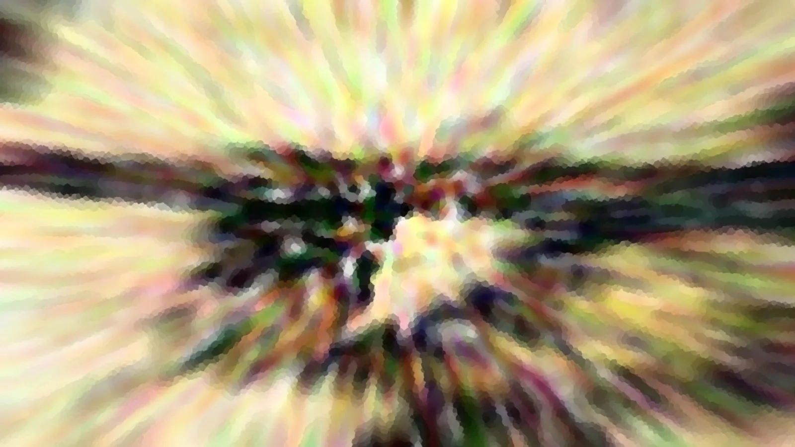 Abstraktes Bild mit farbigen Streifen, die radial von einem dunklen, grünlichen Zentrum nach außen strahlen.